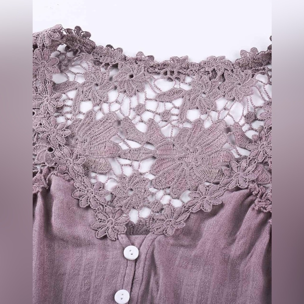 Lavender Lace Detail Back Boho Button Closure Sleeve Blouse Romantic & Chic - Picture 4 of 6